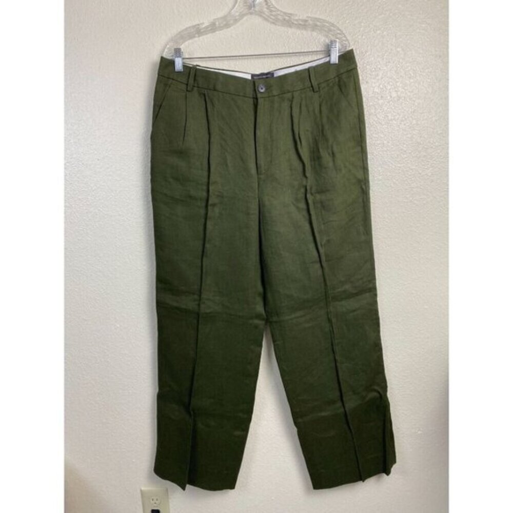 Banana Republic Linen Pleated Trouser Pants Olive Green Women 14 Career Office